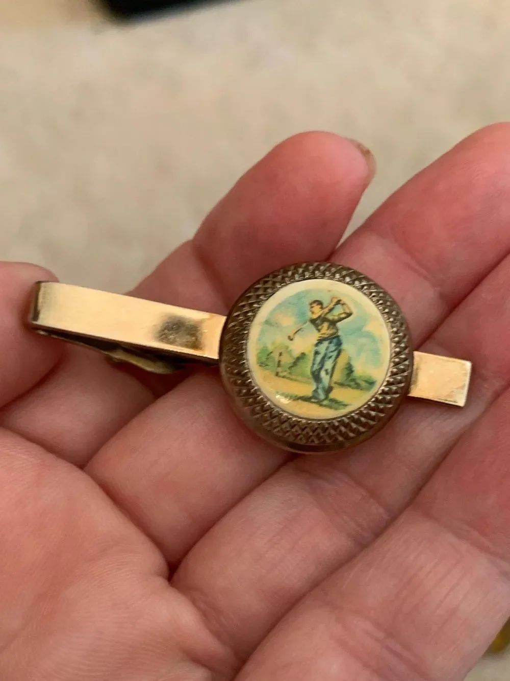 Vintage Gold Tie Clip with Blue and Green Golfer Medallion